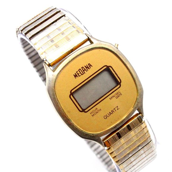 Vintage MEDANA Digital Watch Mens Gold Tone Stainless Steel Quartz Retro 80's - Picture 1 of 8